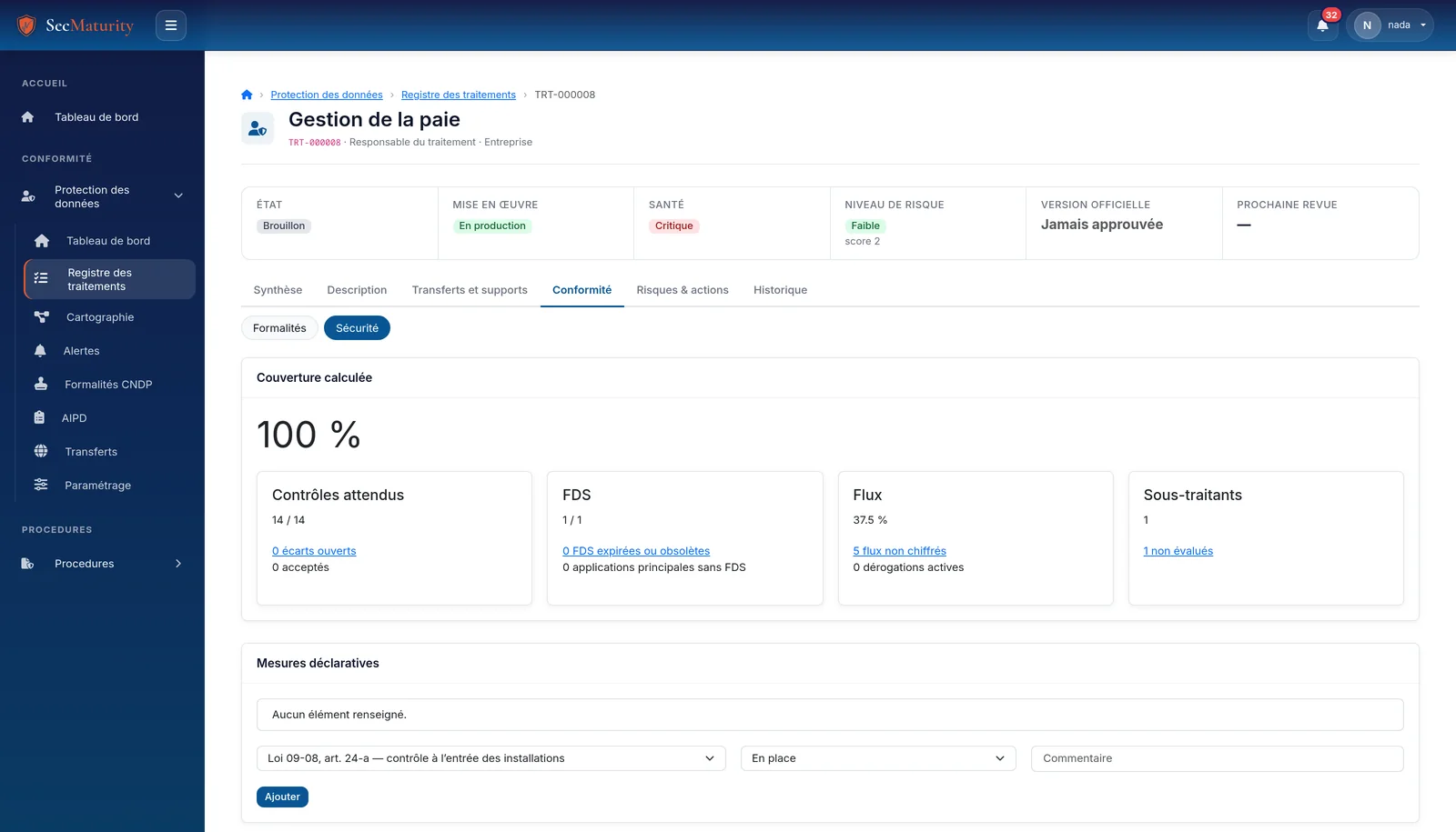 Onglet Conformité d'une activité de traitement dans SecMaturity : couverture calculée à partir des contrôles attendus, des FDS, des flux et des sous-traitants, avec les écarts ouverts